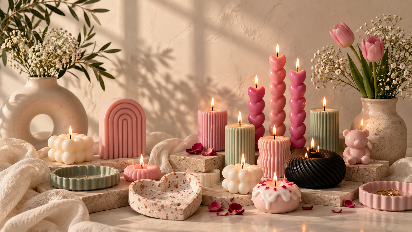 A warm display of hand-sculpted Nuvè candles — bubble, ribbed and heart tapers in soft pinks and creams — arranged on travertine blocks with jesmonite trays and fresh flowers