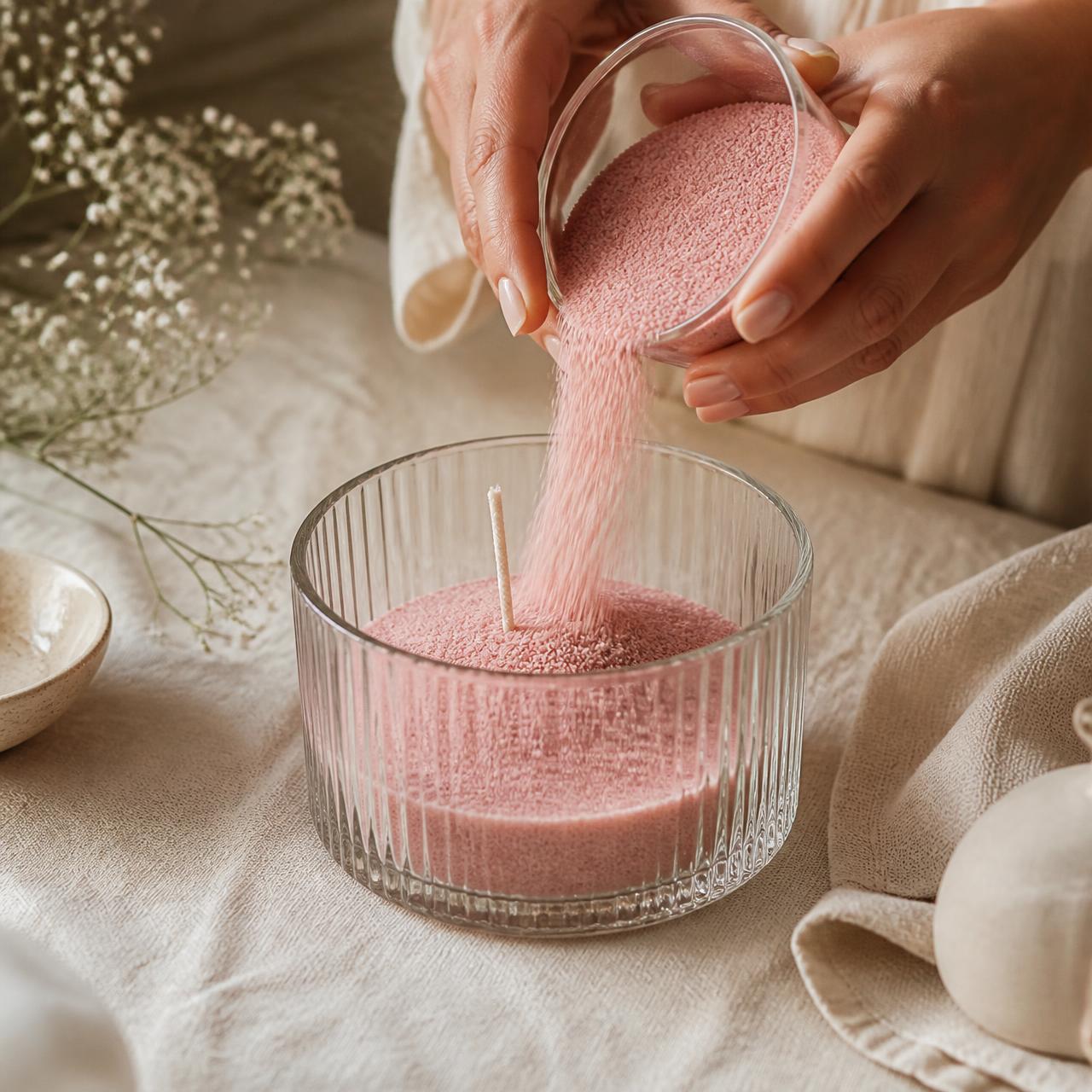 Blush candle sand being poured into a ribbed glass vessel