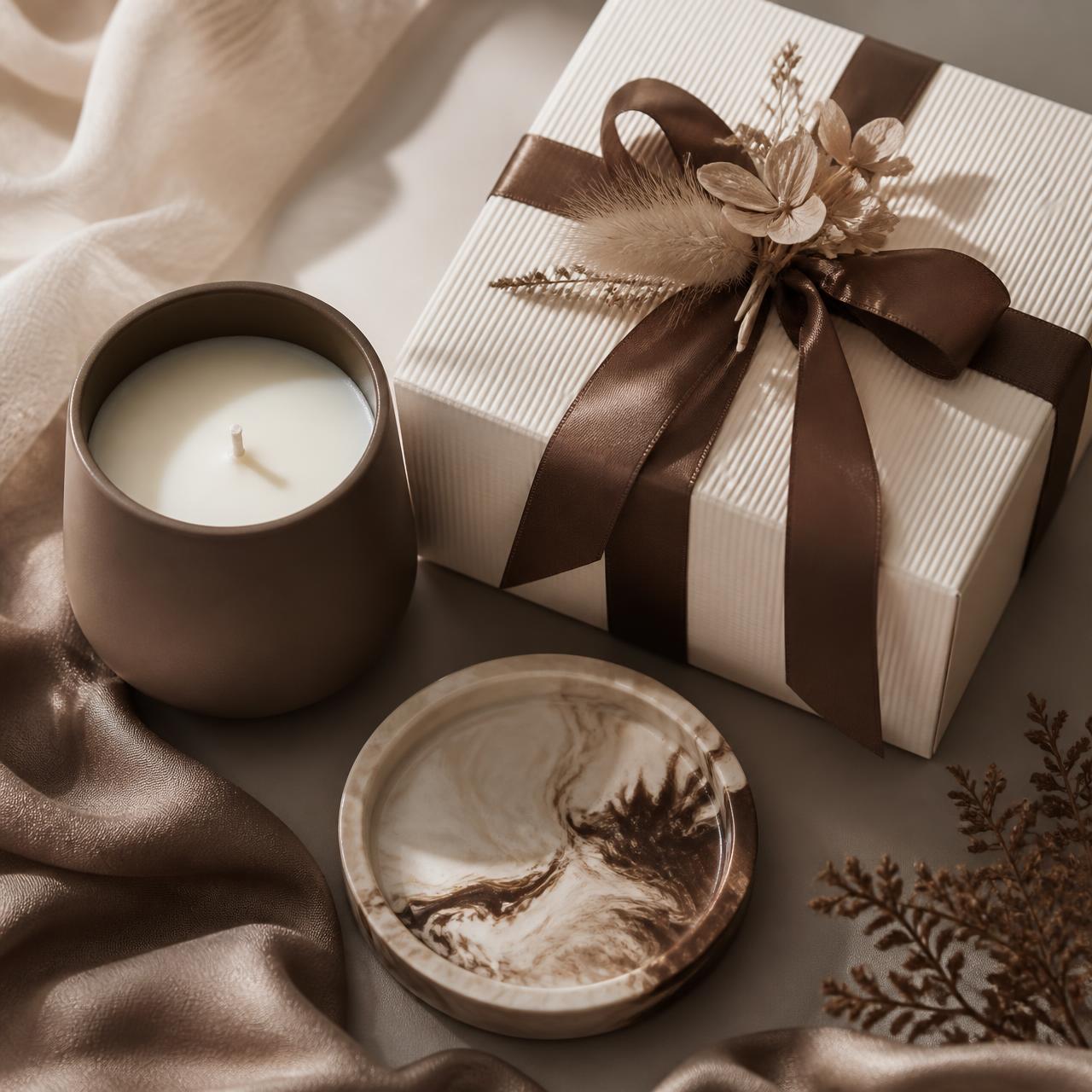 Nuvè gift set with candle, marbled dish and ribboned box